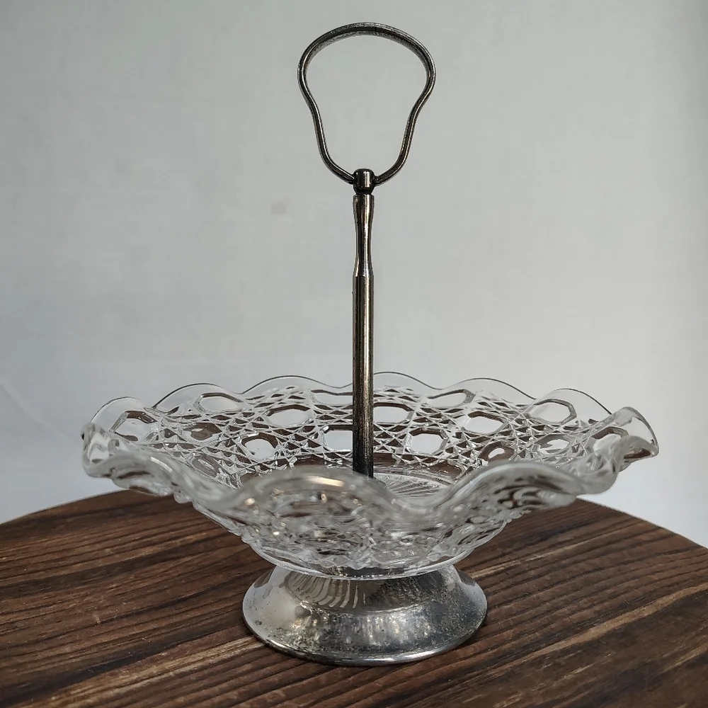 Glass Tidbit Tray Candy Dish W Silver Plated Handle England Jewelry Display Dish